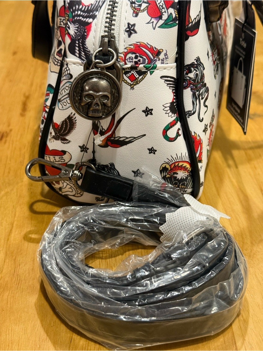 Ed Hardy White Tattoo Print Dome Satchel with Skull Hardware - Picture 9 of 16